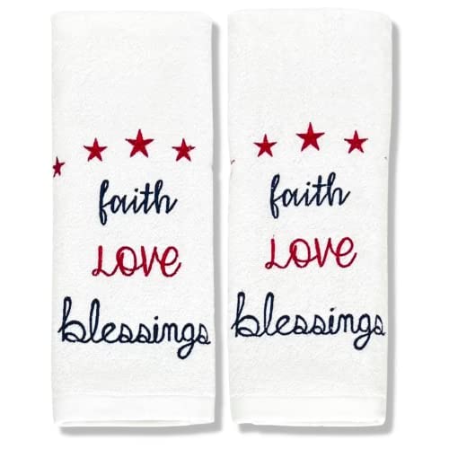 Summer Spring Soft Absorbent Home Decor Hand Towels: Faith, Love, Blessings Patriotic Americana Design, 2 Piece
