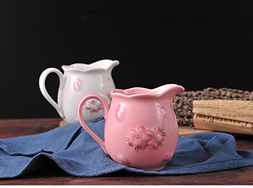 Choold Elegance Cherry Blossom Ceramic Creamer With Handle,Sakura Coffee Milk Creamer Pitcher,Small 7.7Oz(Pink/White)