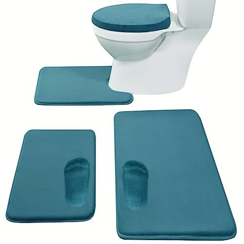 Madeals Memory Foam Bath Mat Set 4 Piece With Toilet Lid Cover And Rug Set Combo, Bath Mat Set 3 Piece And U-Shaped Toilet Floor
