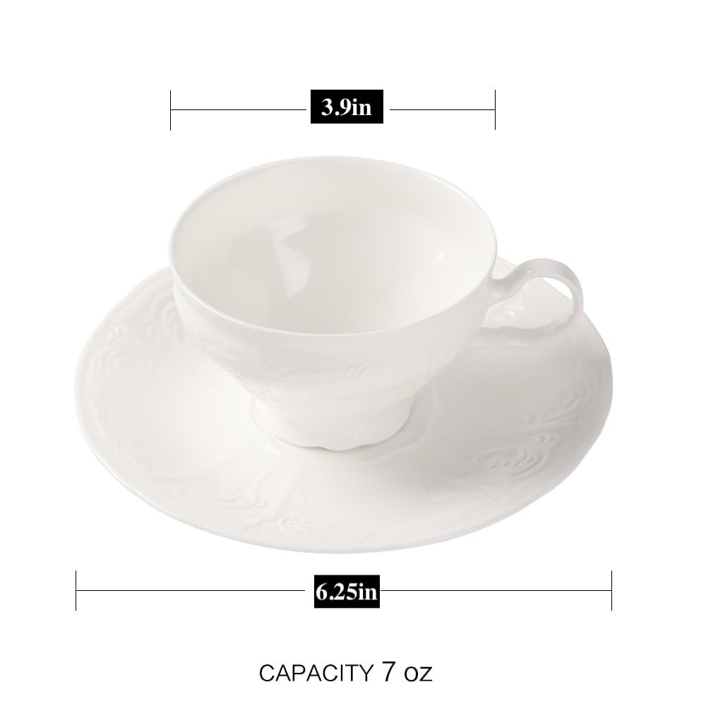 Pulchritudie Fine Porcelain White Teacup And Saucer Set, Sculpture Surface, Light Weight 7 Oz Cup, Set Of Four