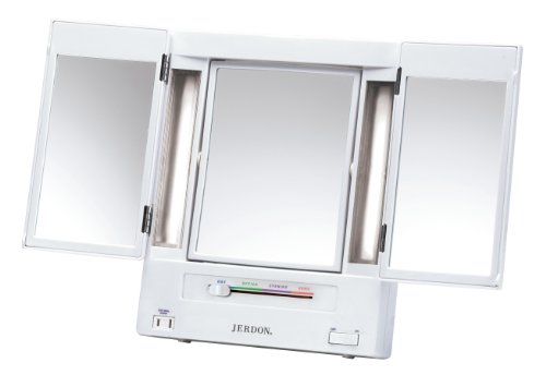 Jerdon Tri-Fold Two-Sided Makeup Mirror With Lights - Vanity Mirror With 5X Magnification & Multiple Light Settings - White Base