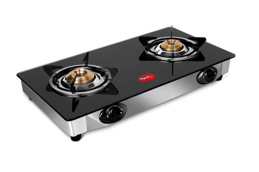 Pigeon By Stovekraft Favourite Glass Top 2 Burner Gas Stove, Manual Ignition (Black)