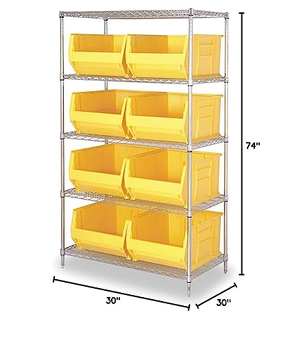 Bin Wire Shelving System, 42W X 30D X 74H, 800 Lbs Load Capacity Per Shelf, Includes: (5) Shelves And (8) Qus975 Yellow Bins, Ch