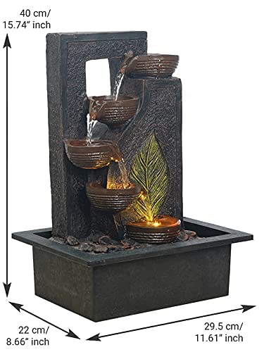CHRONIKLE Polyresin Table Top Black 4 Diya Steps & Green Leaf Design Indoor Waterfall Fountain for Home Decor with LED Lights &