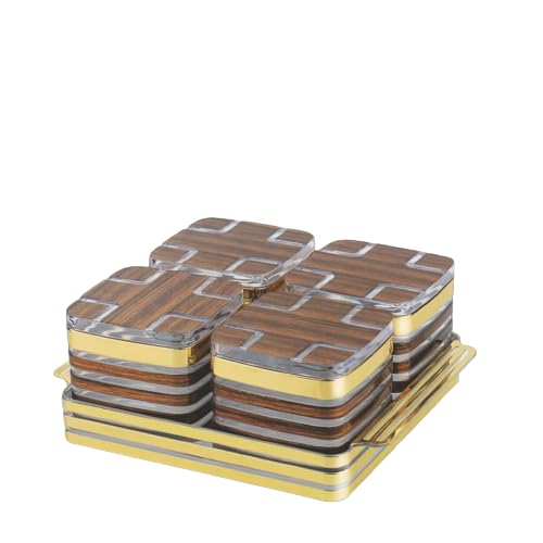 Porpoise Airtight Dry Fruit Container Tray Set With Lid For Serving Sweets, Chips, Cookies Other Snacks (Turkishwood 4Pc + Tray)