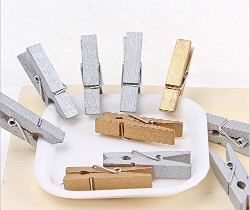 iKammo 50pcs Wood Gold Clothespins Mini Wooden Gold Clothes Pins for Photo Peg Pin Compatible Gift Wrapping  Picture Hanging  Arts&Crafts  Photo Display (Gold  3.5 * 0.7cm)