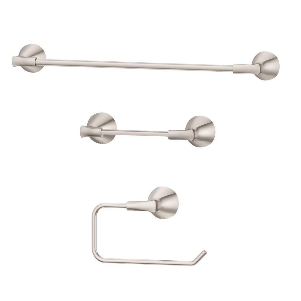 Pfister Willa 3-Piece Bathroom Hardware Set With Towel Bar, Towel Ring, And Toilet Paper Holder, Wall-Mounted, Brushed Nickel Fi
