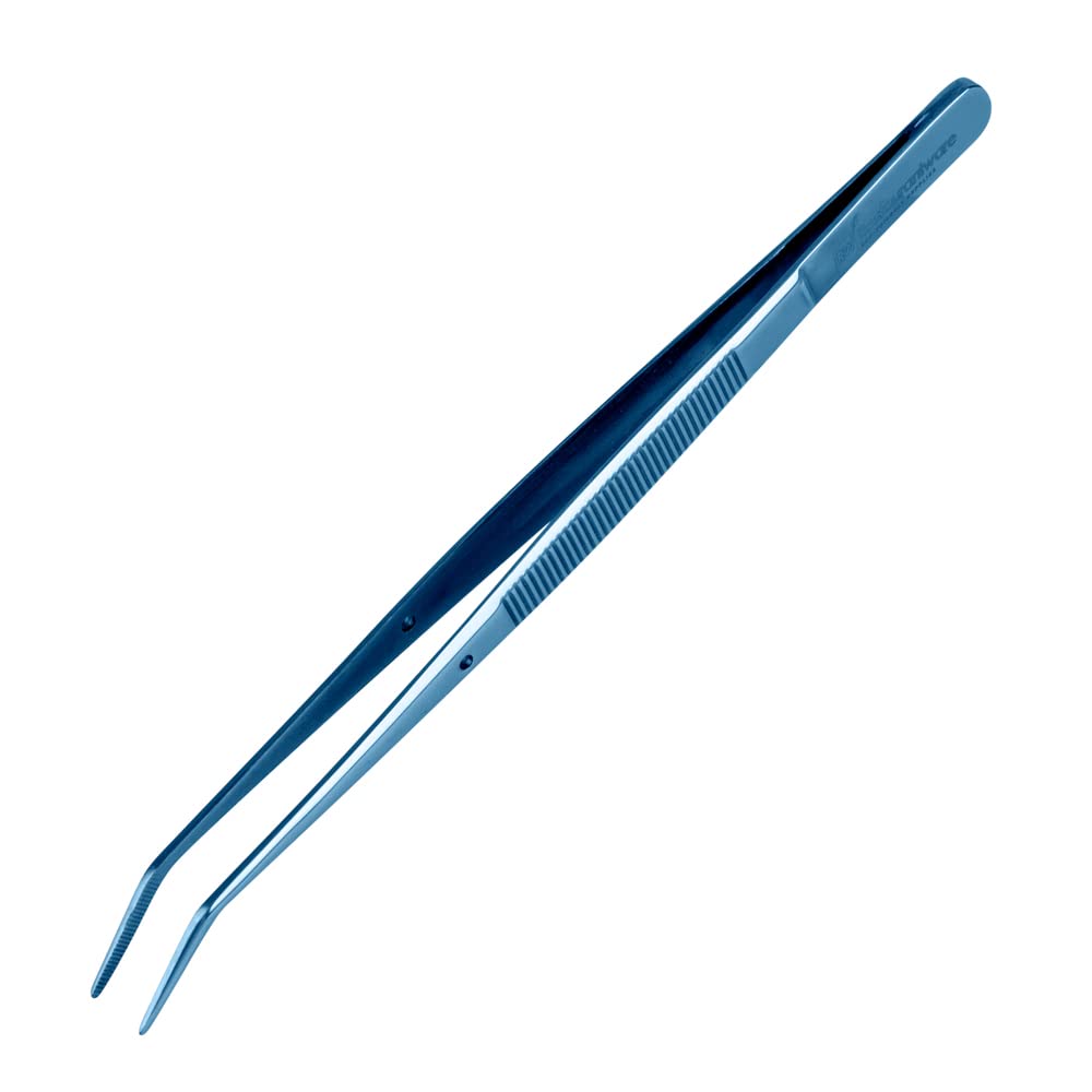Restaurantware Perfect Point 6.3 Inch Curved Tweezer  1 Slant Nose Food Tweezer - Serrated Tips For Precision  For Garnishing  Plating  or Decorating  Blue Stainless Steel Kitchen Tweezer  Sturdy
