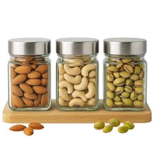 Gretzomall Cube Storage Containers, Set Of 3, Glass Jar With Air Tight Steel Lid, 310 Ml Each, Transparent Jars For Snacks, Puls