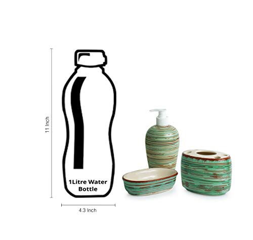 Exclusivelane Elegant Ceramic Bathroom Accessory Set Of 3 (Liquid Soap Dispenser, Soap Dish, Toothbrush Holder) - Sea Green & Br
