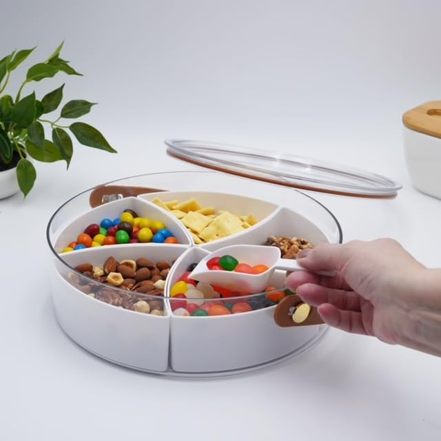 Divided Snack Tray With Lid, Serving Tray With Handle, 5 Compartments, Mini-Scooper Included,Storage Container For Nuts, Candy,