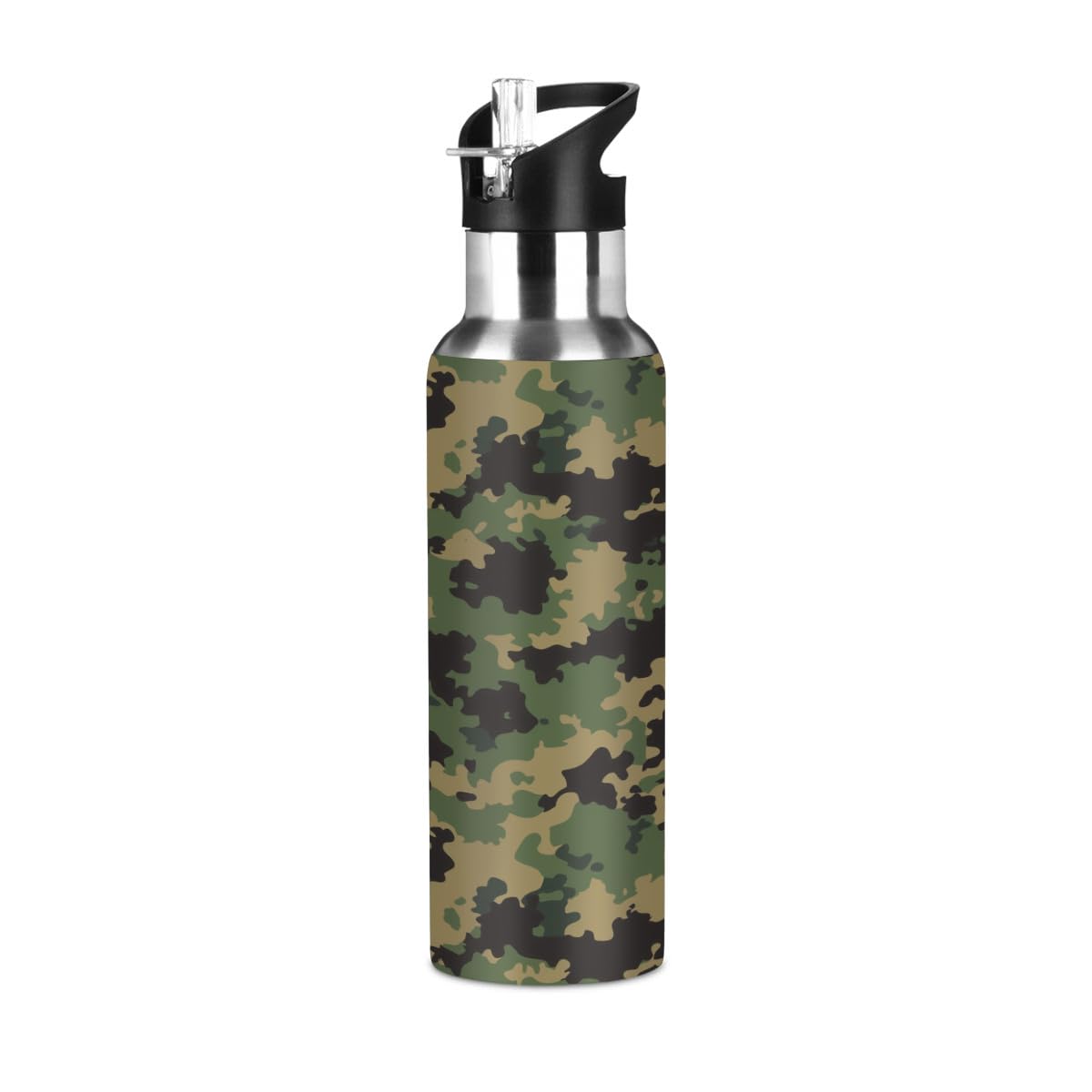 Myfsucce 20oz Insulated Water Bottle with Straw, Wide Mouth Leak Proof BPA Free, Dark Green Camouflage Stainless Steel Water Bot