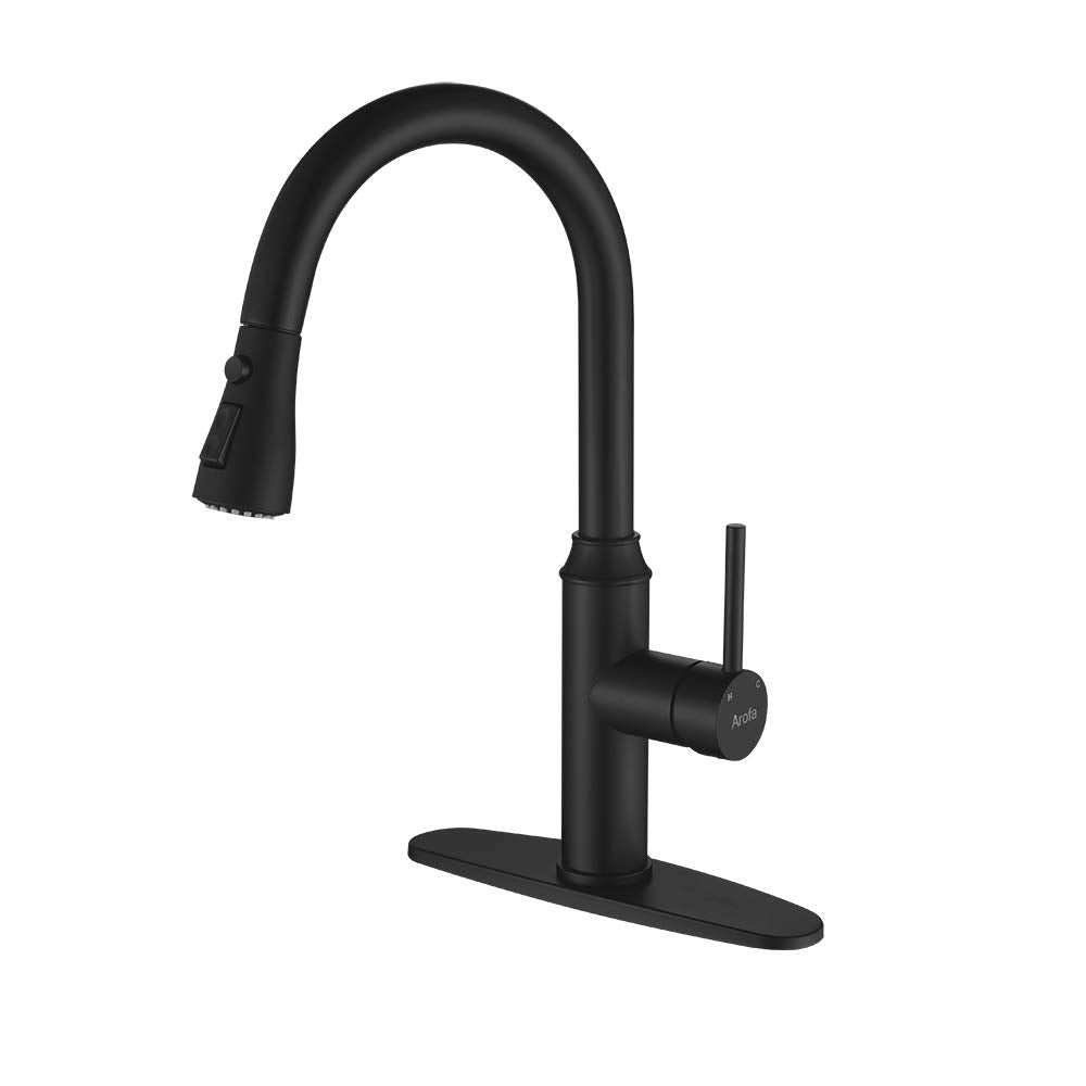 Pull Down Kitchen Faucet-Arofa A01BY Solid Brass Commercial Matte Black Single Handle Pull Out Kitchen Sink Faucet with Sprayer