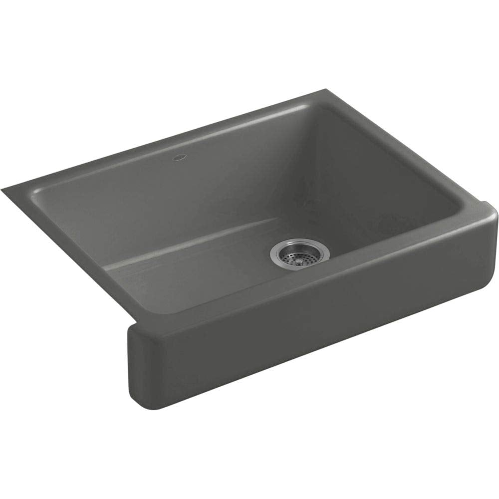 KOHLER Whitehaven 29-1/2 Farmhouse Sink, Self-Trimming Apron, Single Bowl Kitchen Sinks with Short Apron, K-6486-58, Thunder Gre