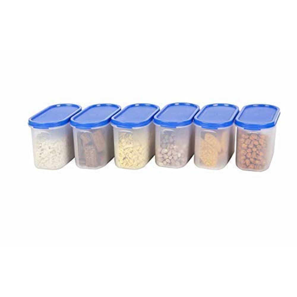 Simparte 1200Ml Oval Modular Plastic Container Set Of 6 BpaFree Airtight Stackable Kitchen Storage Boxes With Blue Lids Food Gr
