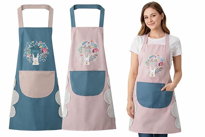 Dhrurvi Floral Bunny Print Kitchen Apron With Pocket, Pink & Blue, Cute Adjustable Cooking Apron For Women, Men, Baking, Cooking