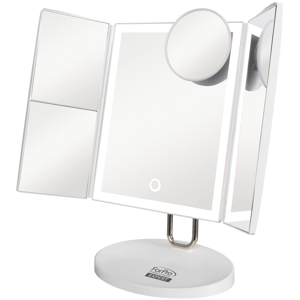 ForPro Professional Collection Expert Rechargeable LED Tri-Panel Makeup, Dual-Powered, Vanity Mirror with 34 LED Lights, 1X/2X/3