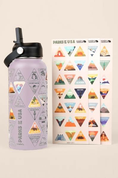 Wondery USA National Parks Water Bottle With 63 Waterproof Stickers of Parks (USA), 32 oz Stainless Steel Water Bottle for Trave