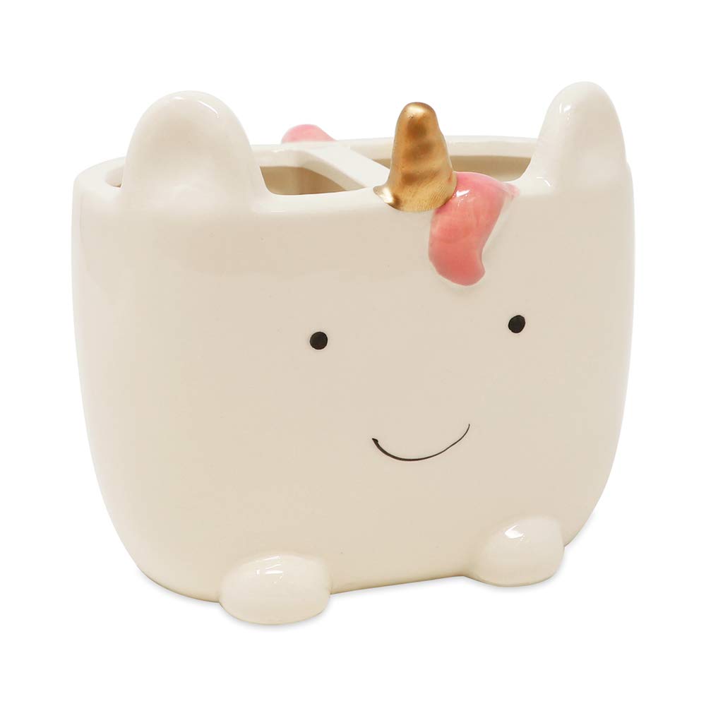 Isaac Jacobs White Ceramic Unicorn Makeup Brush Holder, Multi-Purpose 2-Section Organizer. Bathroom, Kitchen, Bedroom, Office D