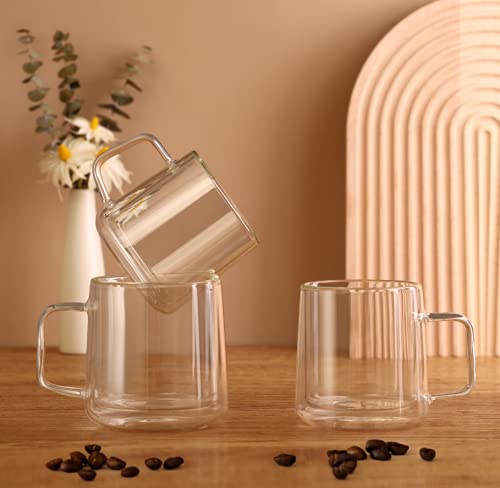 Cnglass 12Oz Glass Coffee Mugs,Double Wall Insulated Glass Cups With Handle,Clear Espresso Mugs For Latte,Cappuccino,Tea Bag,Set