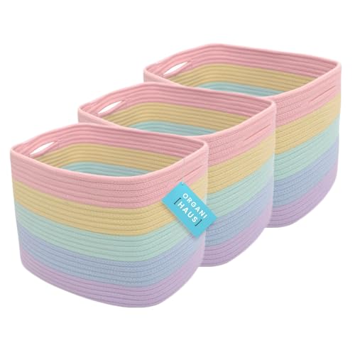 Organihaus 3-Pack Rope Rainbow Storage Baskets For Shelves, Classroom Decor, Pastel Room, Colorful Bins For Baby Room