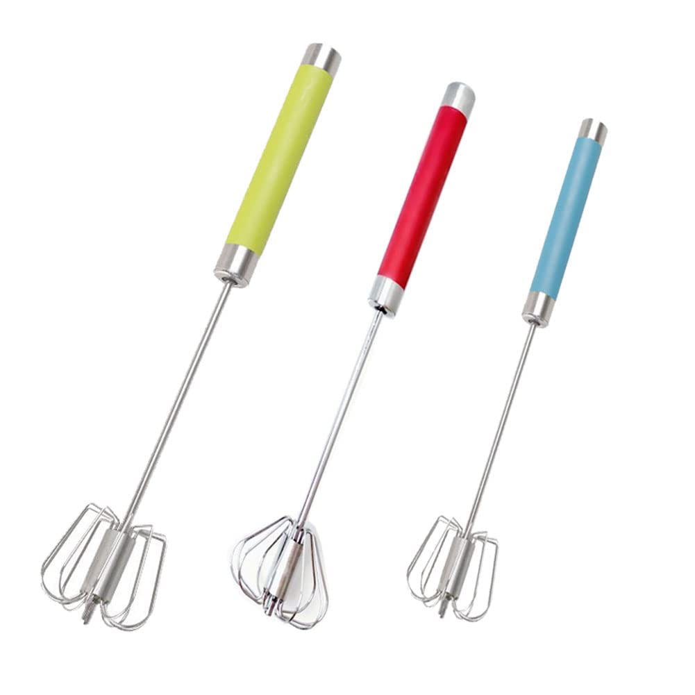Stainless Steel Semi-Automatic Egg Whisk - 3Pcs Hand Push Rotary Whisk Blender (3 Pack)