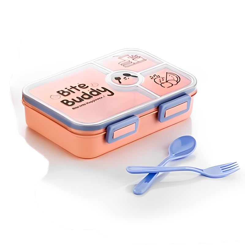 Puno Bite Buddy Kids Lunch Box - Leakproof Bento Tiffin Box With 3 Compartments & Spoon-Fork Set (Peach & Blue)
