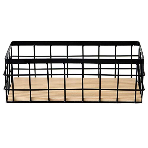 Metal Wire Bathroom Storage Organizer Basket Bin, Rustic Vintage Wire Grid Wooden Base Organizing Basket For Kitchen, Cabinets,