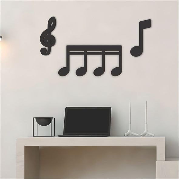 CVANU Black Wood Designer Music Note Cutout Wall Art Hanging Board for Wall Decoration02 Pack of (3Pcs) _10Inchx3.9Inch