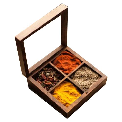 Handicraft Junction Spice Box With Spoon In Shesham Wood/Spice Box For Kitchen Indian Wood Container With Lid/Decorative Masala 