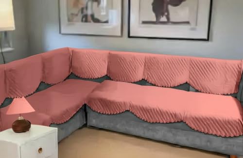 Blush & Bloom Blush And Bloom 7 Seater L Shape Self Design Velvet Quilted Sofa Cover And Chair Cover, Seat And Back Cover-Rose G