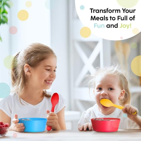 PLASKIDY Plastic Kids Spoon Set of 18 - BPA Free, Dishwasher Safe Reusable Children's Cutlery - Brightly Colored Toddler Flatwar