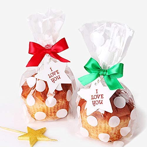 Joersh 8.1'' X 5'' Bottom Gusset Clear Plastic Cookie Bags With Ties 200 Pack, White Polka Dots Pattern Small Candy Bags Treat B