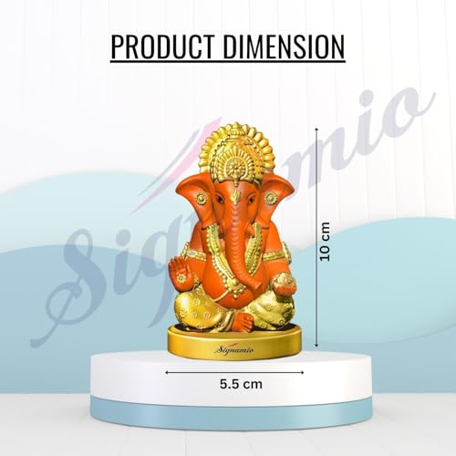 Signamio Handcrafted Orange Ganesha Idol For Car Dashboard Item: Ganesh Ji, Ganpati Bappa Murti For Home Decor - Exquisite Car G