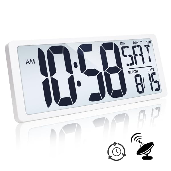TXL Atomic Clock with Backlight, 14.2 Large Digital Wall Clock Battery Operated, Digital Clock Large Display with Day, Date & Te