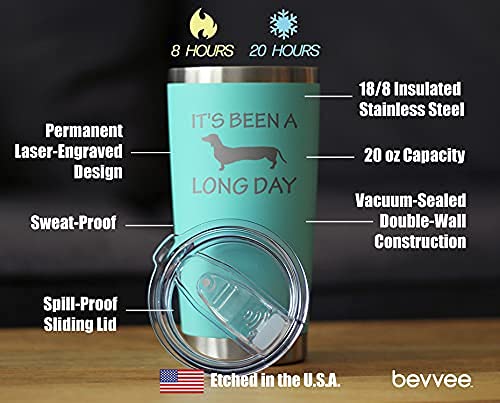 Bevvee Long Day - Insulated Coffee Tumbler Cup With Sliding Lid - Stainless Steel Insulated Mug - Dog Themed Coffee Gifts - Teal
