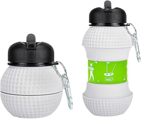 Soldtrue Golf Ball Collapsible Water Bottle 600Ml. | Foldable Sports Bottle With Green Band & Carabiner | Portable Leak-Proof Tr