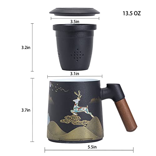 Taoci Ceramic Tea Mug With Infuser And Lid Tea Cup Moon Deer Mountain Creative Embossed Design Coffee Mug With Strainer And Wood