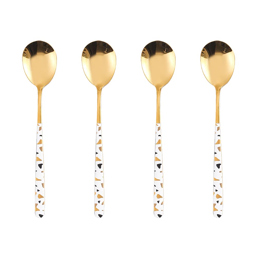 Stainless Steel Soup Spoon,Korean Dessert Spoon,White Gold Spotted Spoon For Home, Kitchen Or Restaurant, Set Of 4 Colour Spotte