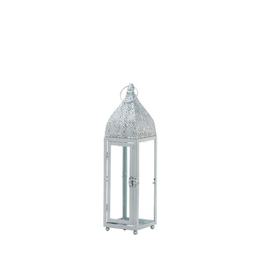 Zingz & Thingz Moroccan Style Candle Lantern Holder, Decorative Light Home Decor, Indoor & Outdoor, 15.25 Tall, Silver