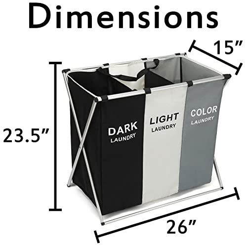 3 Section Laundry Basket For Dark, Light, And Color Clothes Hamper, Collapsible Design With Carry Handle, 26'' Long X 15'' Wide
