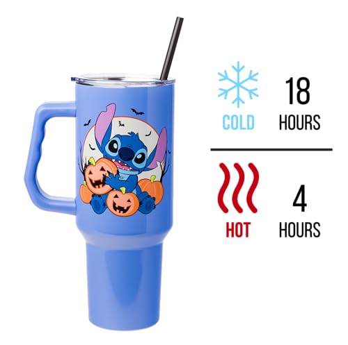 Silver Buffalo Disney Lilo And Stitch Halloween Spooky Pumpkin Jack-O-Lantern Stainless Steel Tumbler With Handle And Straw, Fit