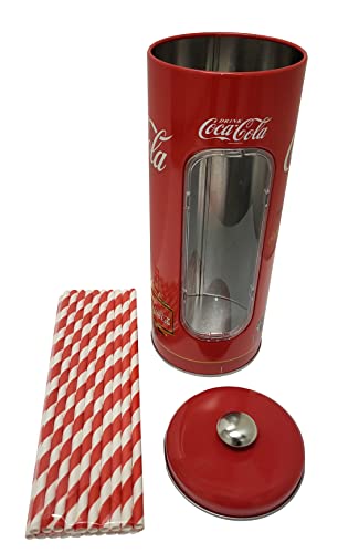 The Tin Box Company Coke Straw Holder Tin With 20 Paper Straws Inside, 3-3/8 X 8-1/4''H, Red And White (771517-12) - Good For 8'