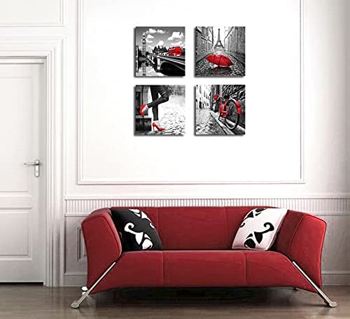 Ymyxmc33 Black And White Wall Art Canvas Print Paris Eiffel Tower 4 Panels Red Pictures Decor Living Room Bedroom Bathroom