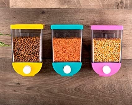 Zalawad Mart Cereal Dispenser Set With Colourful Lids, Food Storage Container, Wall Mount Design (Yellow & Blue & Pink, Mini)