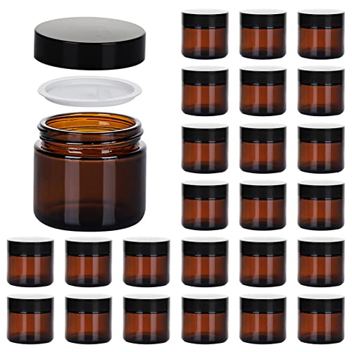 2oz Jars with Lids  Hoa Kinh 24 Pack Amber Glass Jars with Lids Empty Cosmetic Containers Round Airtight Glass Jar with Inner Liners and black Lids for Storing Lotions  Powders  and Ointments