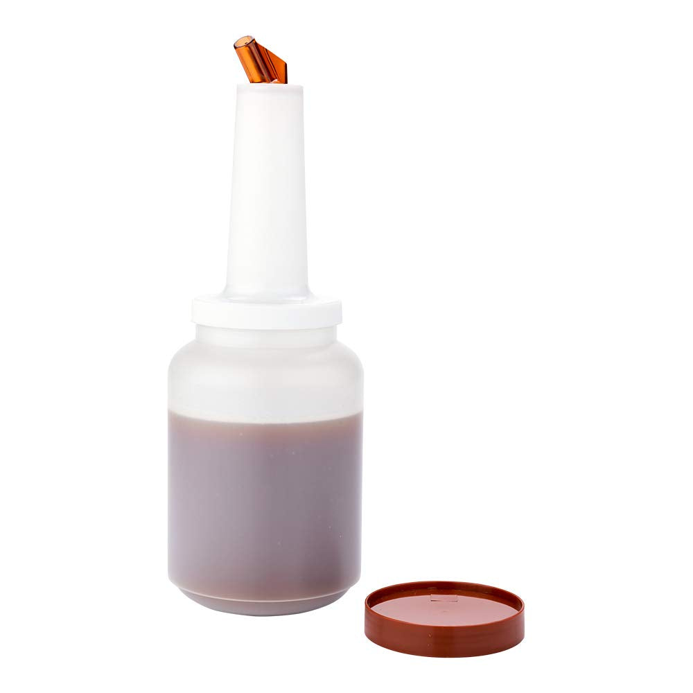 Restaurantware 2 Qt Plastic Quick Pour Storage Container Bottle - With Brown Spout And Lid - Bar Storage Bottle - 4 3/4'' X 4 3/