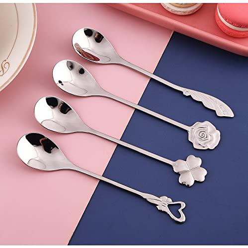 Turbokey 304 Stainless Steel Coffee Spoon Set,4-Pack: Heart Wing Rose Four Leaf Clover Style For Coffee Tea Dessert Drink Mixing