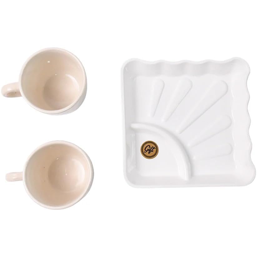 Garth Tea Cup 2 Pc  White Ceramic Cups Set with Plastic Square Shape Serving Platter 1 Pc, Best for Milk, Tea, Coffee & Breakfa