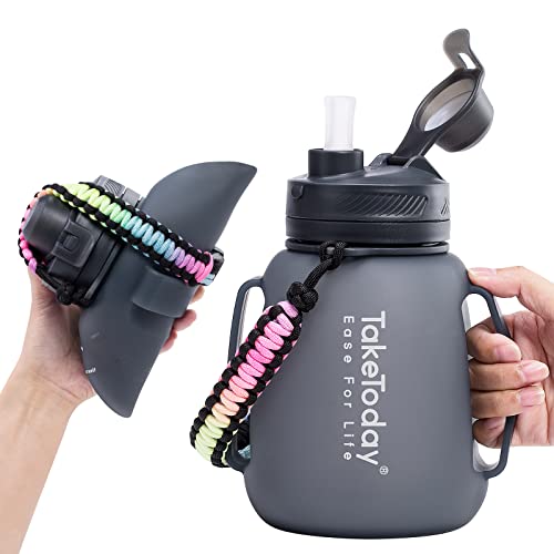 Taketoday Collapsible Water Bottles 40 Oz Motivational Water Bottle With Straw And Paracord Handle Silicone Sports Water Jug Wit